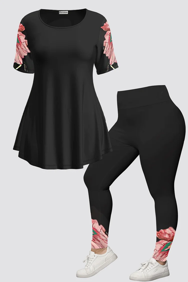 Flycurvy Plus Size Casual Black Floral Print Short Sleeve Two Piece Pant Set  Flycurvy [product_label]