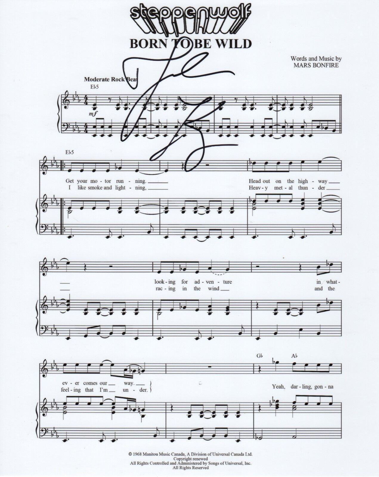 John Kay of Steppenwolf REAL hand SIGNED Born To Be Wild sheet music #1 COA