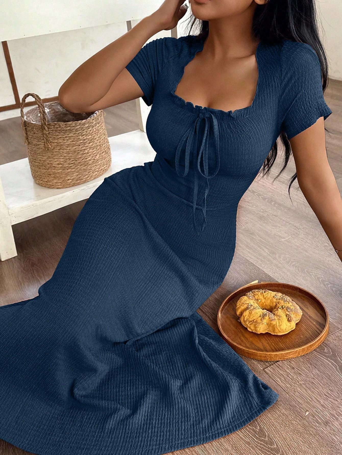 Women's Casual Solid Color Jacquard Gathered Ruffle Trim Square Neck Maxi Loungewear Dress Brown Dress Lounge Dress Summer Dress Tie Front Dress Midi Dress