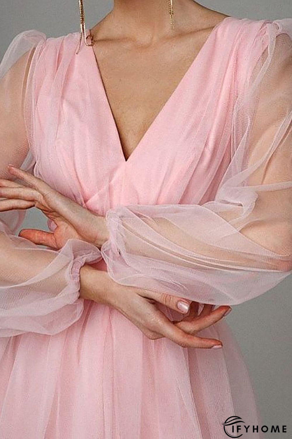 V Neck Tulle Long Sleeve Midi Dress | IFYHOME