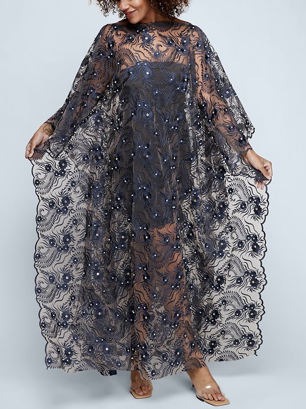 Long blue embroidery mesh dress