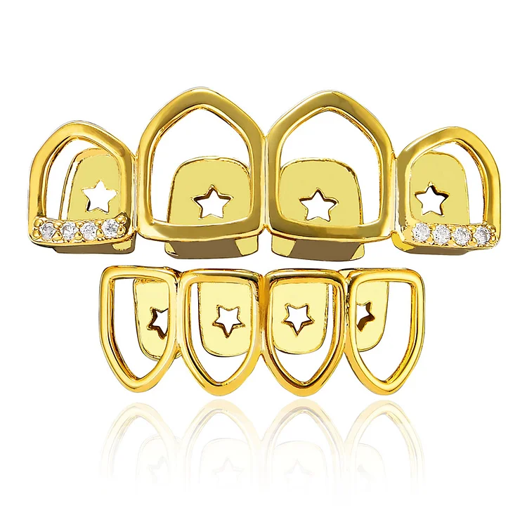 Gold Plated Hollow Hip Hop Teeth Grillz Set-VESSFUL
