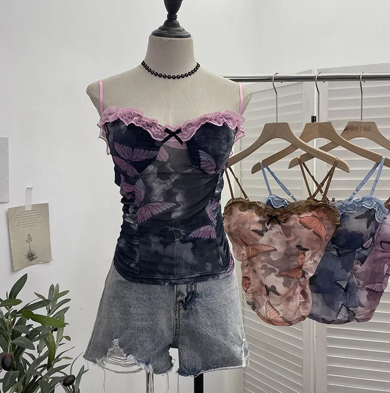 Brownm Real-Shooting Lace Bow Repair Body Tie-Dye-Print Mesh Hottie Pure Desire Sling Vest With Chest Cushion Top 8851