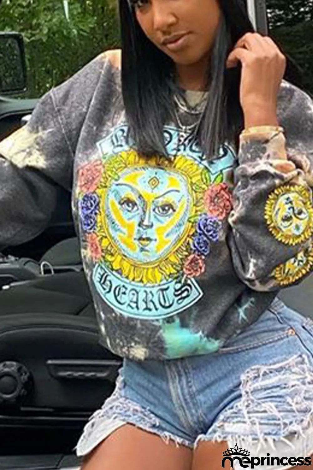 Grey Casual Blending Print Split Joint Tie-dye O Neck Tops