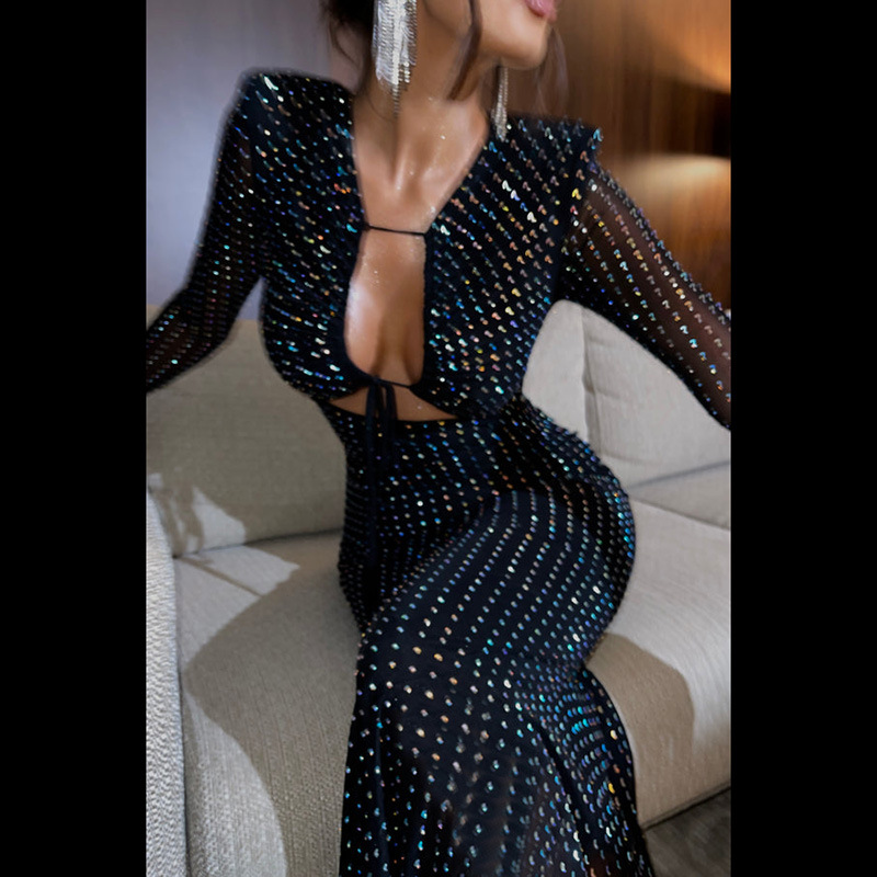 Ootddress Glitter Hollow Out See-Through Maxi Dress Female Sexy Lace-Up Club High Waist Patchwork Sparkle Bandage Women Long Dress