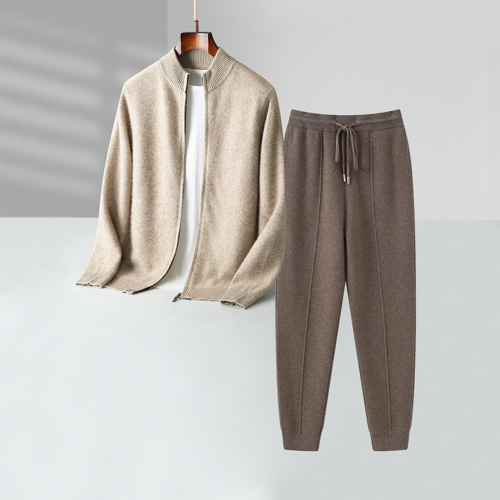 Men's Zip-up Mock Neck Cashmere Sweater and Pants Set | Modern Minimalist REAL SILK LIFE