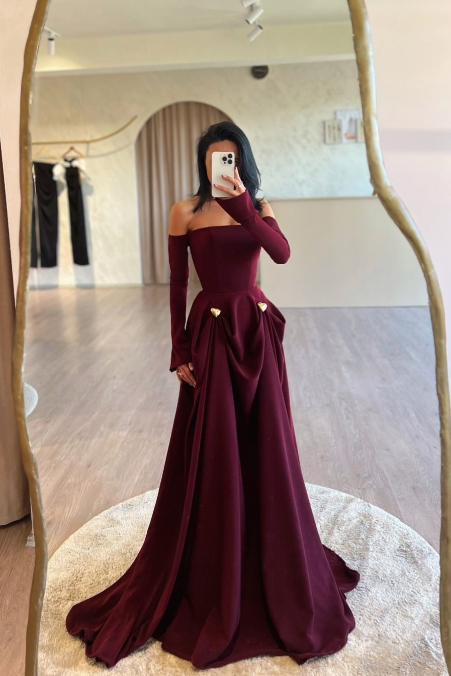 Ovlias Breathtaking Burgundy Off-the-shoulder Long Sleeve Draped Prom Dress LY0351