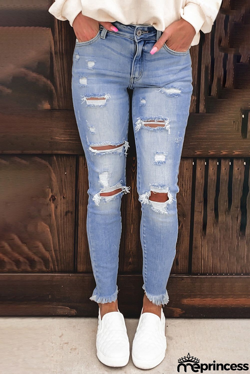 Fashion Light Blue Washed Ripped Holes Jeans