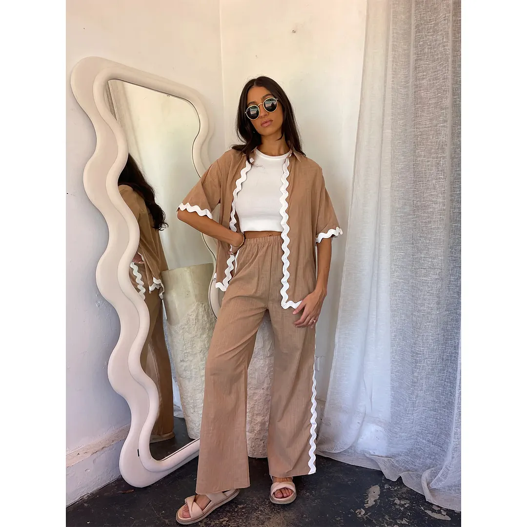 Brownm Brownm Spring And Summer New Comfortable Casual Single Breasted Lace Splicing Trousers Shirt Coat 88231