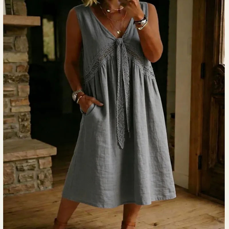 V-Neck Lace Splicing Sleeveless Loose A-Line Cotton Linen Midi Dress