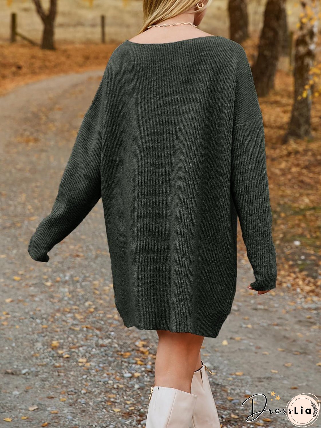 V-Neck Dropped Shoulder Sweater Dress