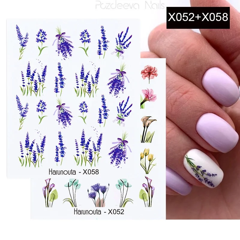 1PC Blooming Lavender Water Decals Harunouta Alphabet Leaves Flower Nail Art Transfer Watermark Sticker Slider Decoration-Nail Inspo