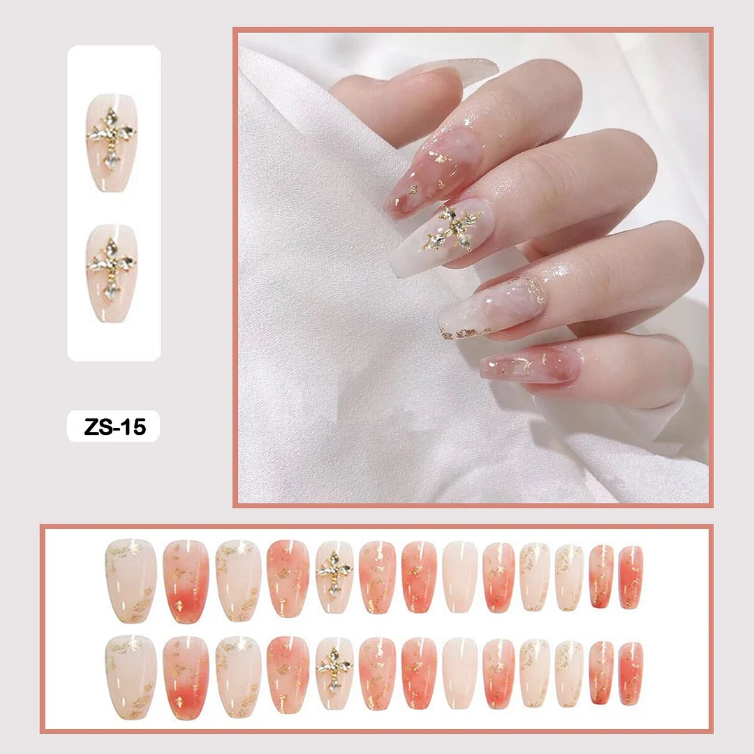 24PCS False Nails with Glue Rhinestones Long Trapezoid Detachable Pearl Stick on Nails Press on Nails Art With Wearing Tools-Nail Inspo