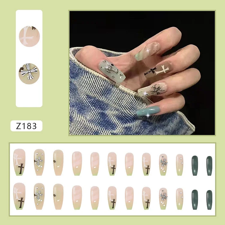 24pcs/Set French False Nails Rose Flower Decal Glitter Ballerina Nail Art Tips with Glue Irregular Streak Press on Nails 2022