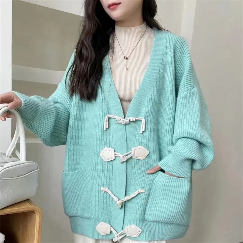 Churchf Churchf Winter Korean Department New Style Ox Horn Buckle Knit Cardigan Languid Lazy Wind Sweater Design Feeling Loose Fashionable Casual Jacket Female