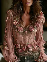 Women's Romantic Floral Embroidered Art Print Flowy Linen Blend Casual V Neck Tops
