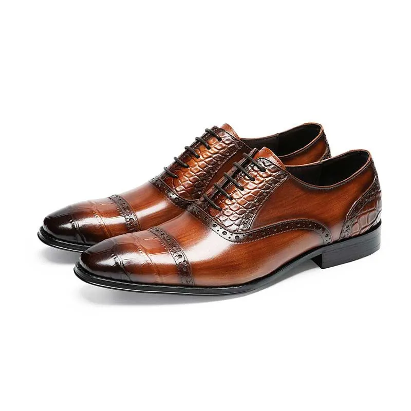 Mens Brown Cow Leather Oxford Shoes Wedding - Croc Embossed display picture 1
