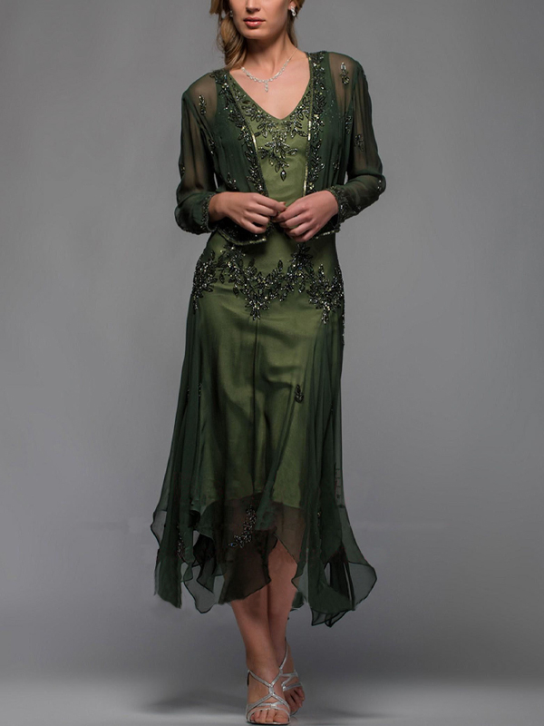 Chiffon V Neck Long Sleeve Top Dress Suit