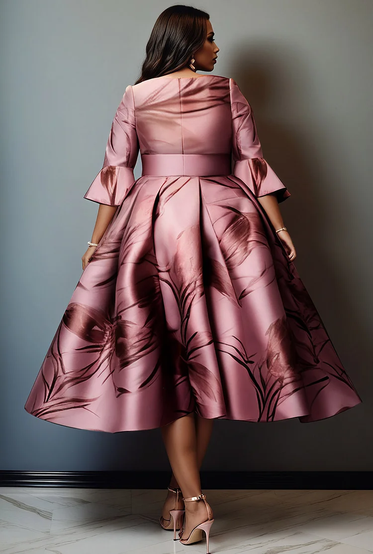 Xpluswear Design Plus Size Mother Of The Bride Pink Graphic Flare 3/4 Sleeve Pocket Satin Midi Dresses