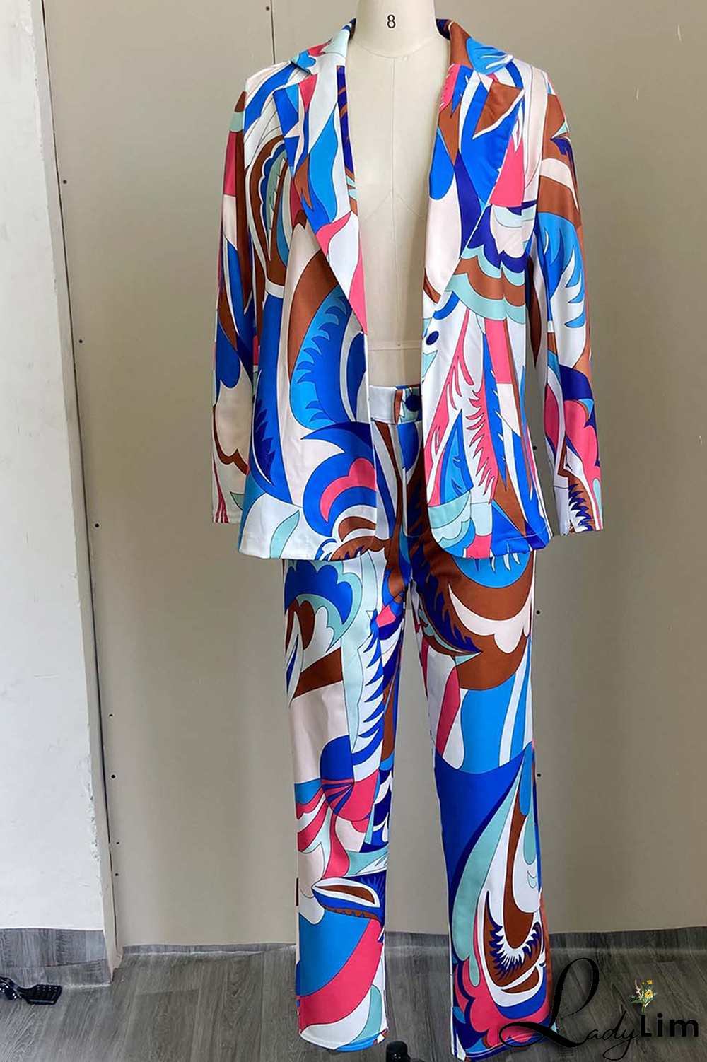 Pink Casual Print Split Joint Turndown Collar Long Sleeve Two Pieces