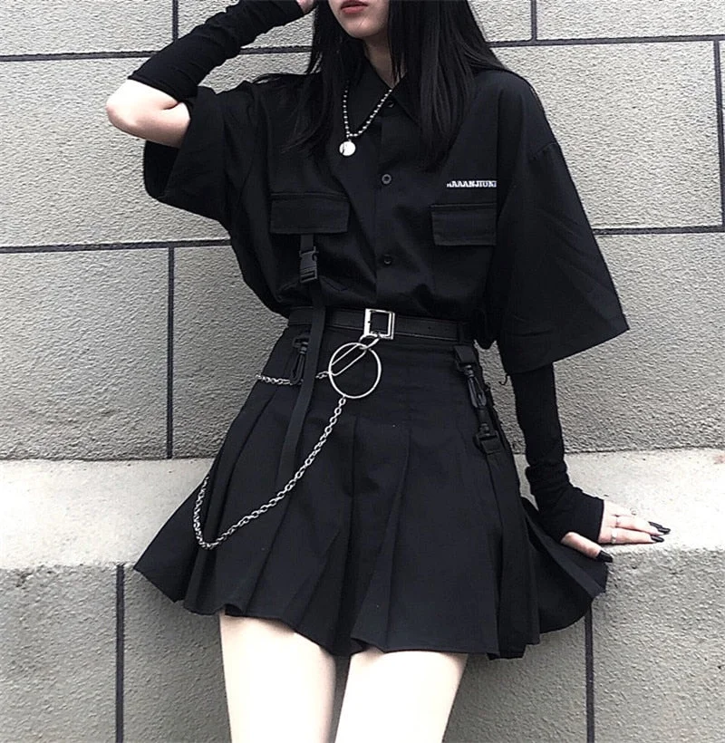 Single / Set Summer Korean Versatile Dark Loose BF Shirt Top Women Fashion Two Piece Set Skirt Jupe Dropshipping