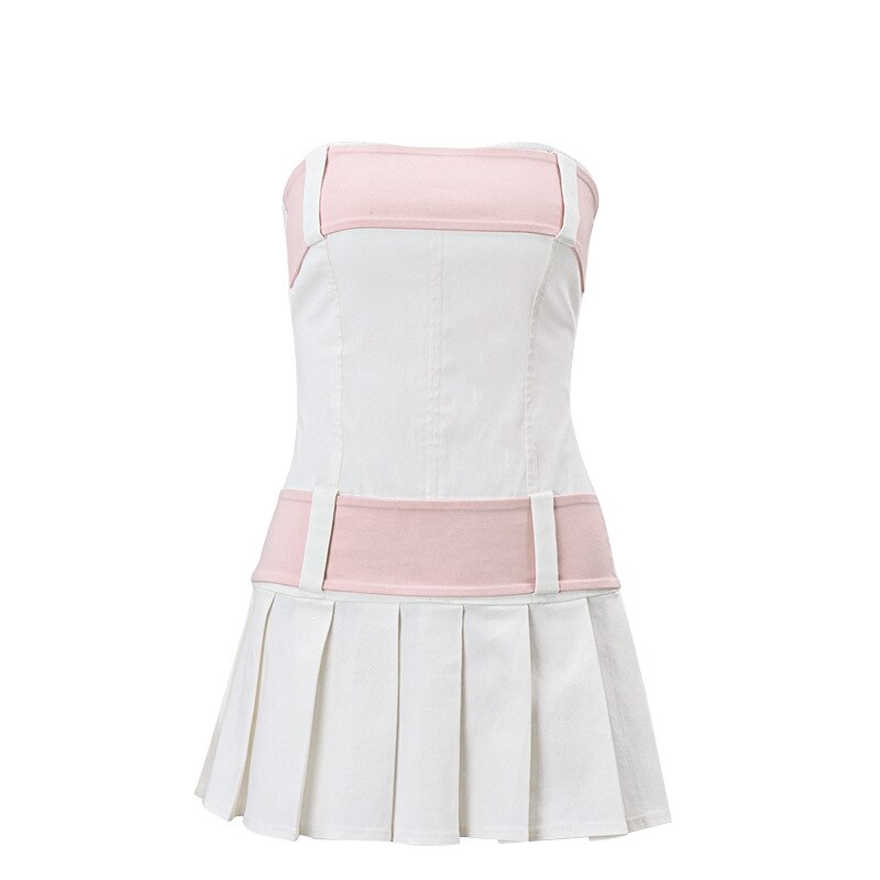 llyge Wipe Chest Backless Zipper Color Pleated Dress Women's New Fashion One-line Neck Sweet Spring Color Style Elegant Dresses llyge
