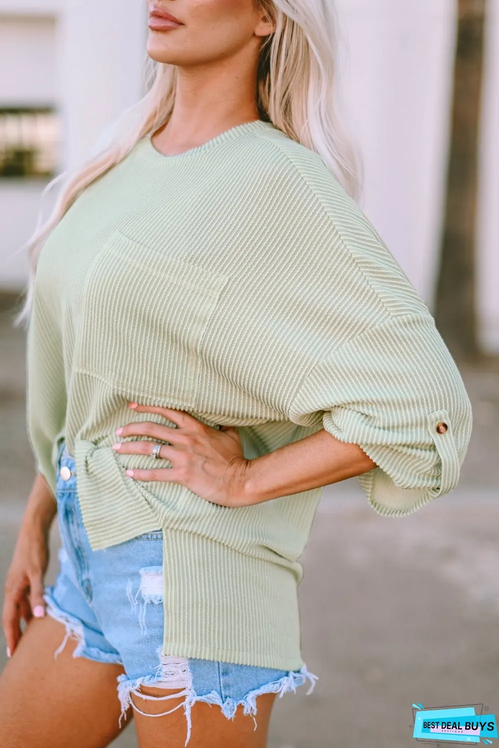 Ribbed Roll-tab Sleeve Oversize Top