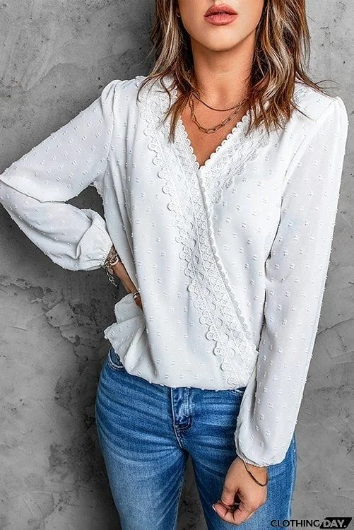 Dot Lace Trim Wrap Long Puff Sleeve Blouse