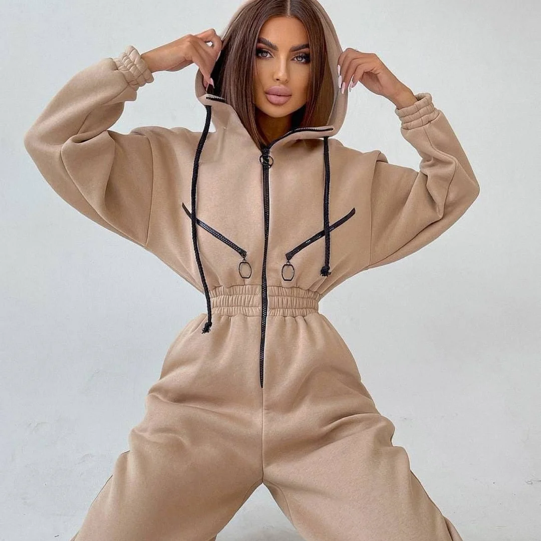 Tawnie Elegant Women's Jumpsuit Warm Overalls Fleece Hooded Zipper Drawstring Jumpsuit and Bodysuit Casual One Piece Ladies 2022