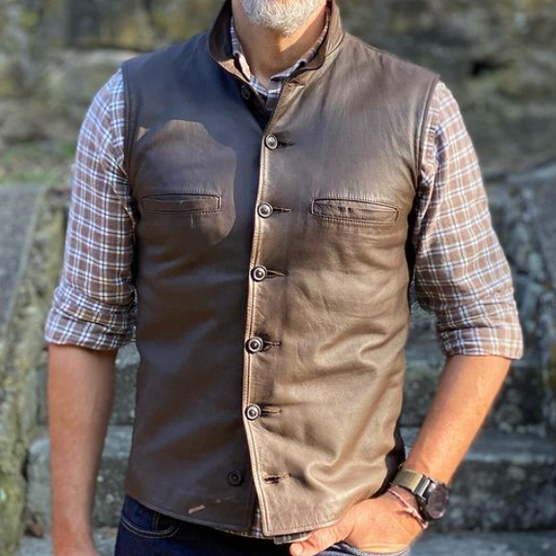 Vintage Men's PU Leather Single Breasted Sleeveless Vest