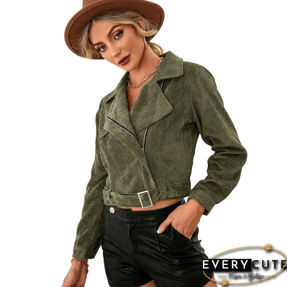 Army Green Corduroy Side Zipper Short Jacket