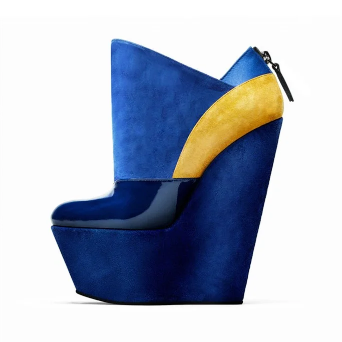 Royal Blue Wedge Patent Leather and Suede Platform Booties Vdcoo