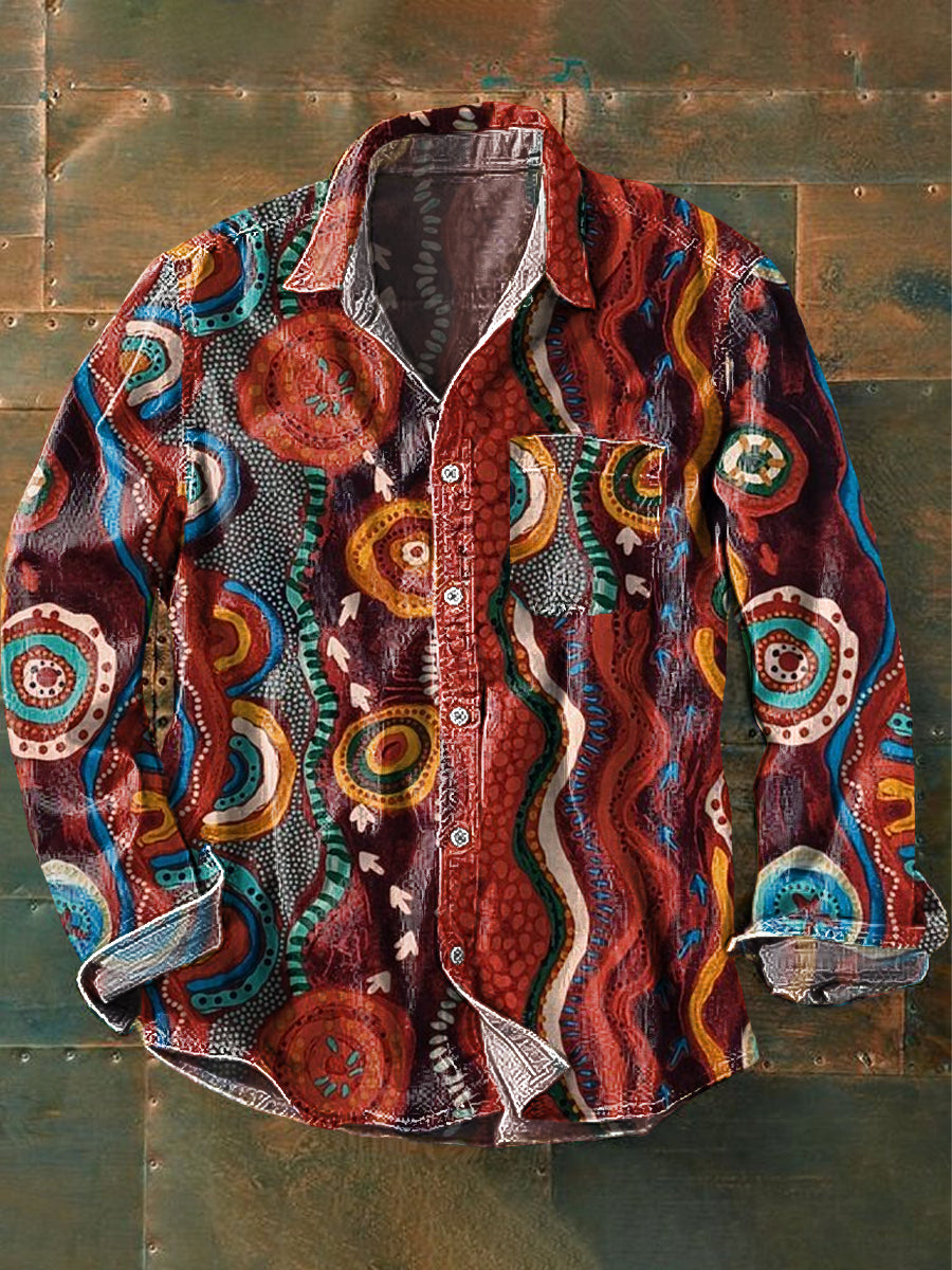Men's Vintage Colorful Irregular Pattern Long Sleeve Pocket Shirt