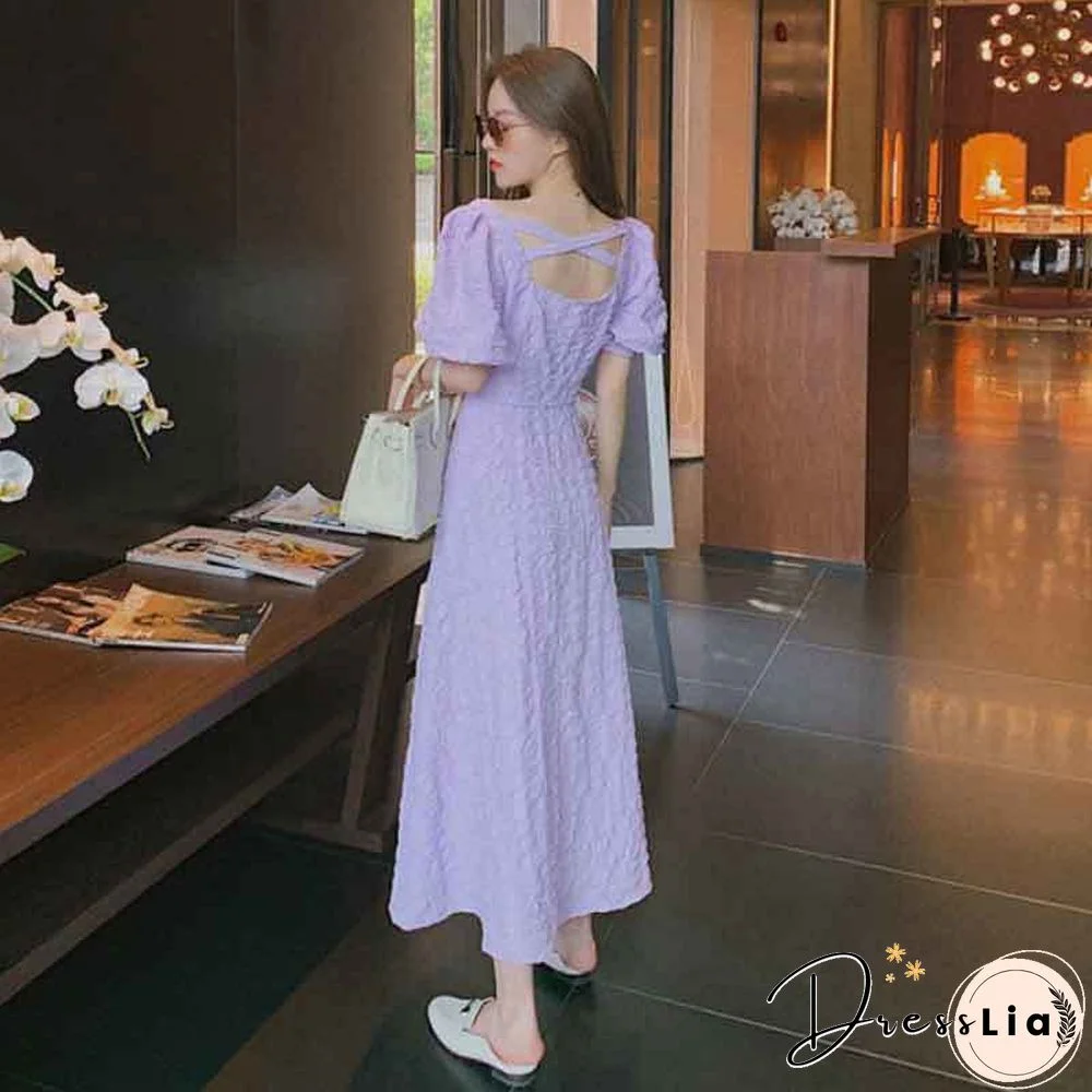 Short Sleeve Dress Women Summer Solid Purple Backless V-Neck Korean Sweet Style Vintage Elegant Female Design Stylish Slim Daily