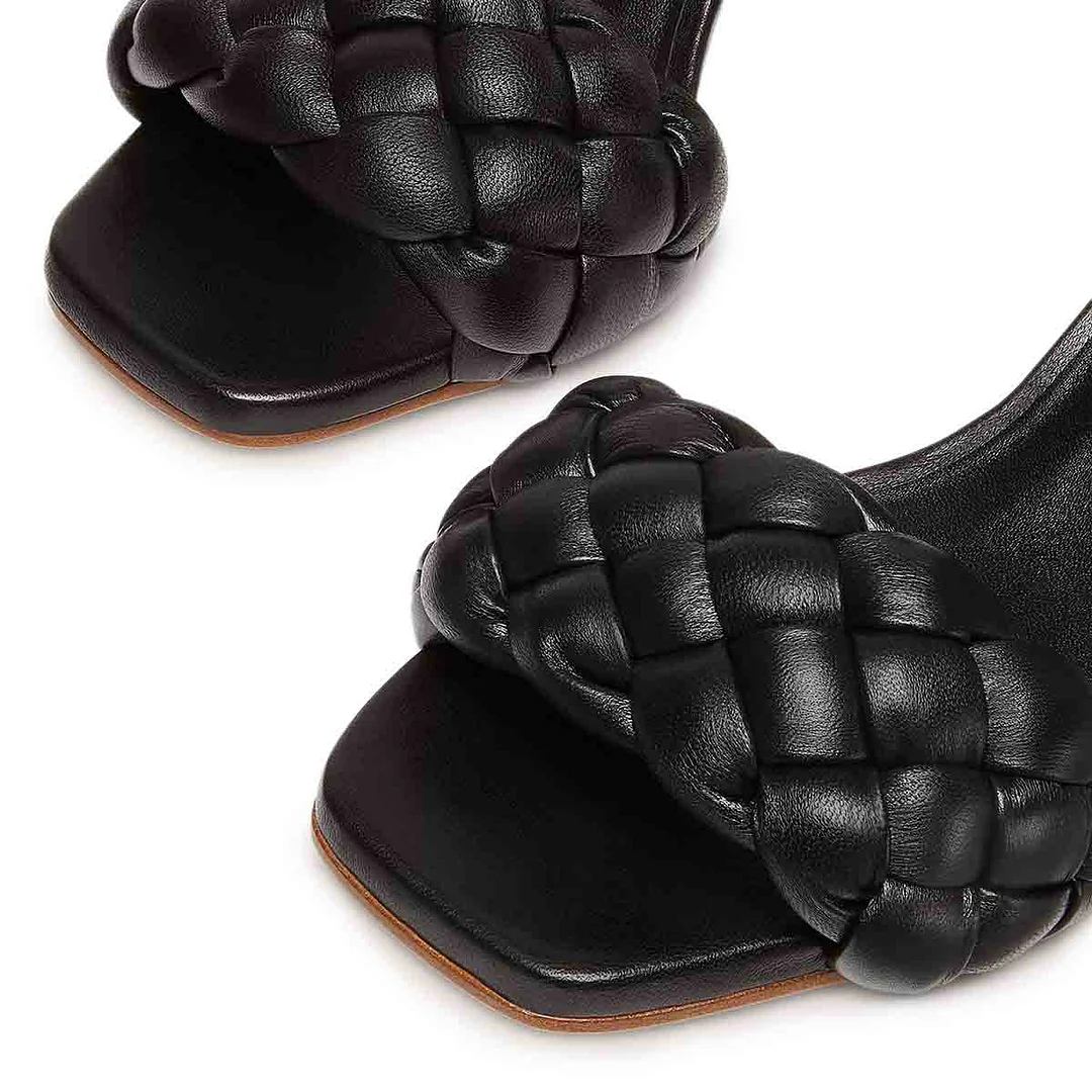 Braided Open-Toe Rhinestone Chunky Heel Black Sandals for Women