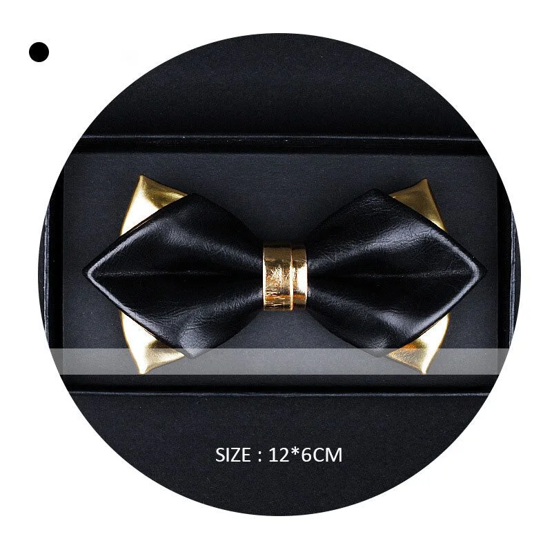 Exclusive Designer Fashionable Gold  Pu Leather Pointed Luxury Bow Tie Bright Nightclub Bowtie Gifts for Men Accessories