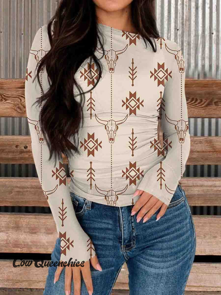 Women’s Vintage Aztec Print Long Sleeve Comfortable Stretch Mesh Top Multicolor / S