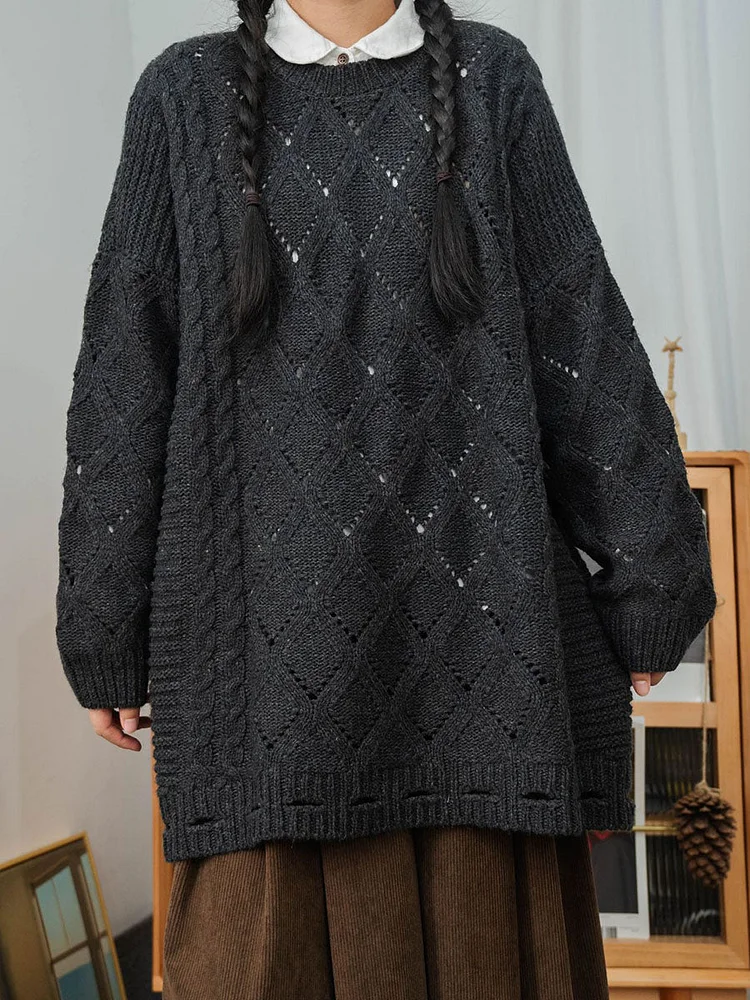 Women Winter Artsy Rhomboids Knitted Loose Sweater