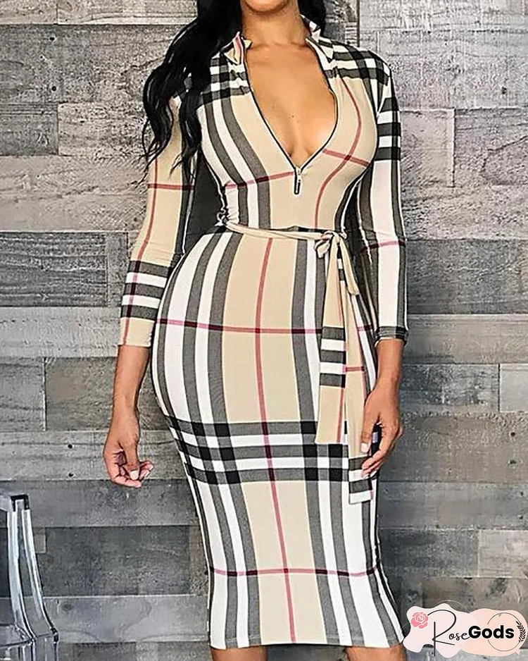 Grid Long Sleeve Zipper Front Bodycon Dress