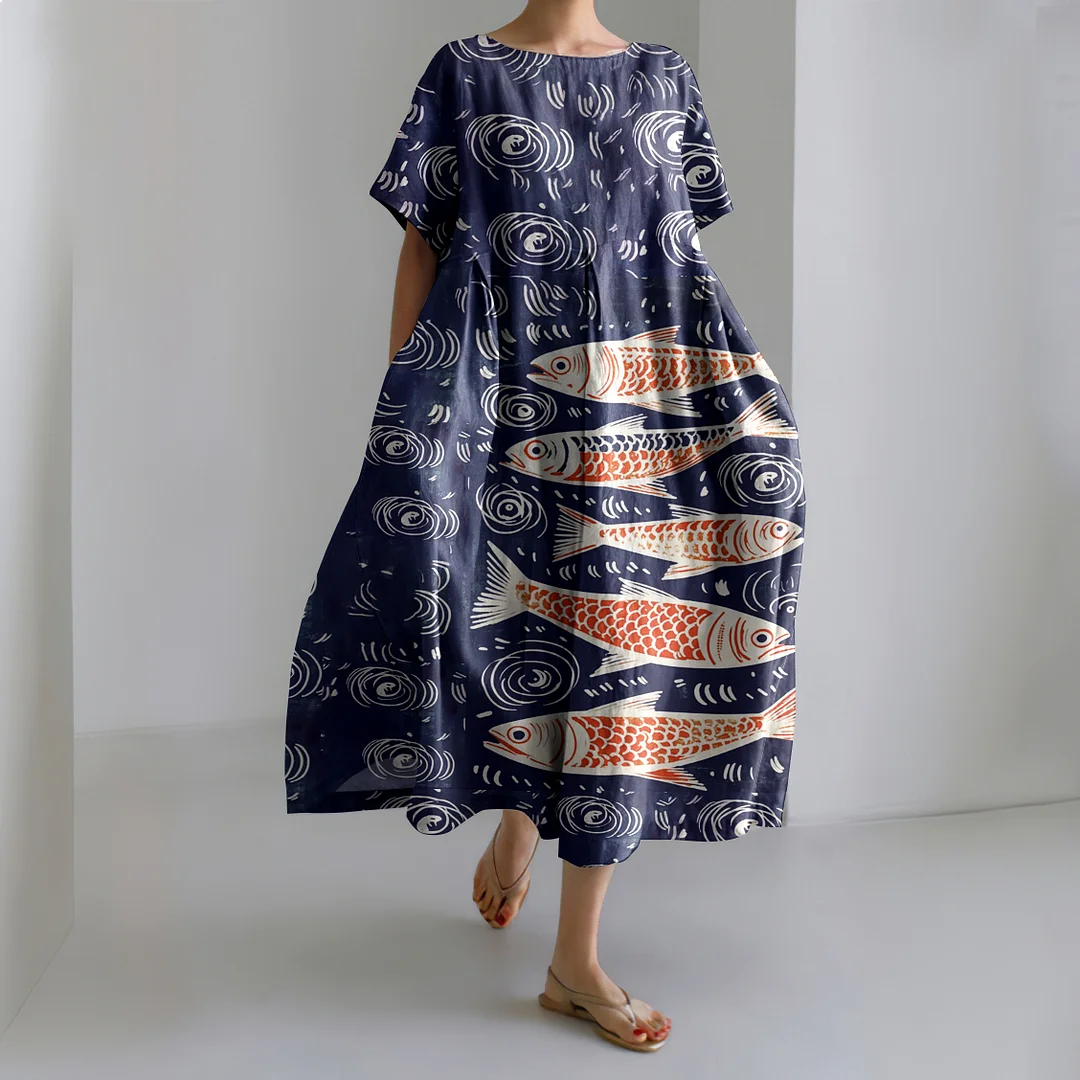 Retro Sardinas Fish Ink Art Pattern Printed Linen Blend Maxi Dress