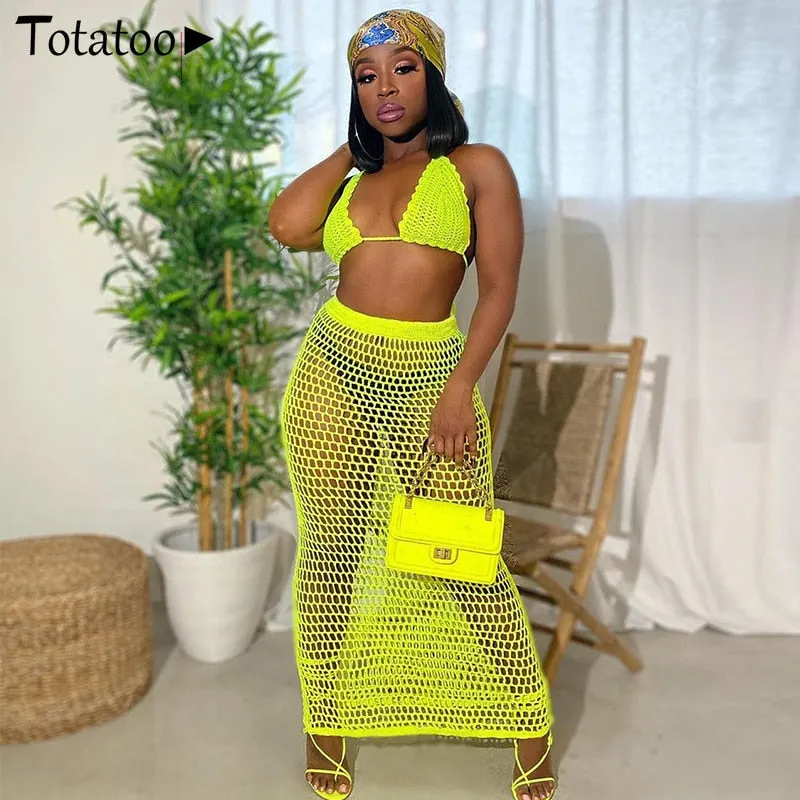 Totatoop Hollow Out Net Sexy Two Piece Set Women 2022 Backless Bandage Strap Halter Crop Top+Long Skirts Beach Outfit Dress 515