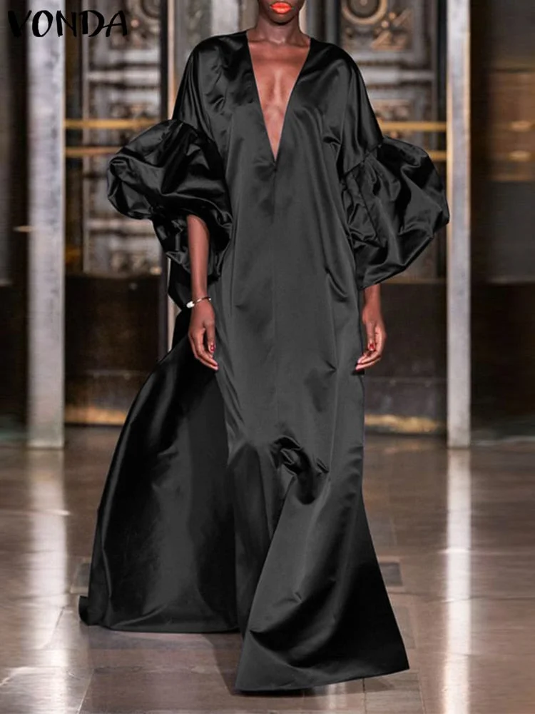 VONDA 2022 Summer Women Lantern Sleeve Dress Bohemian Vestidos Loose Solid V Neck Spring Party Sundress Satin Silk Robe Oversize
