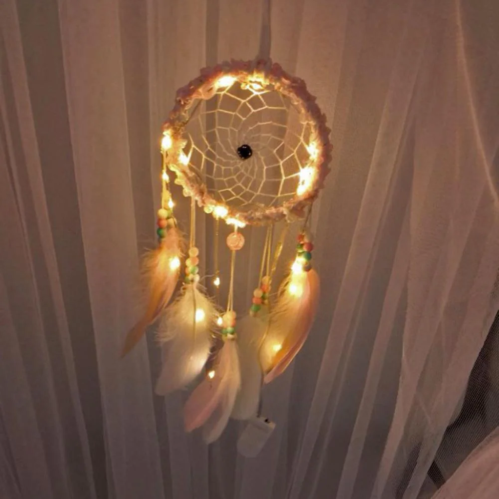 Romantic Feathers Beads Light Dream Catcher Bedroom Hanging Pendant Decor