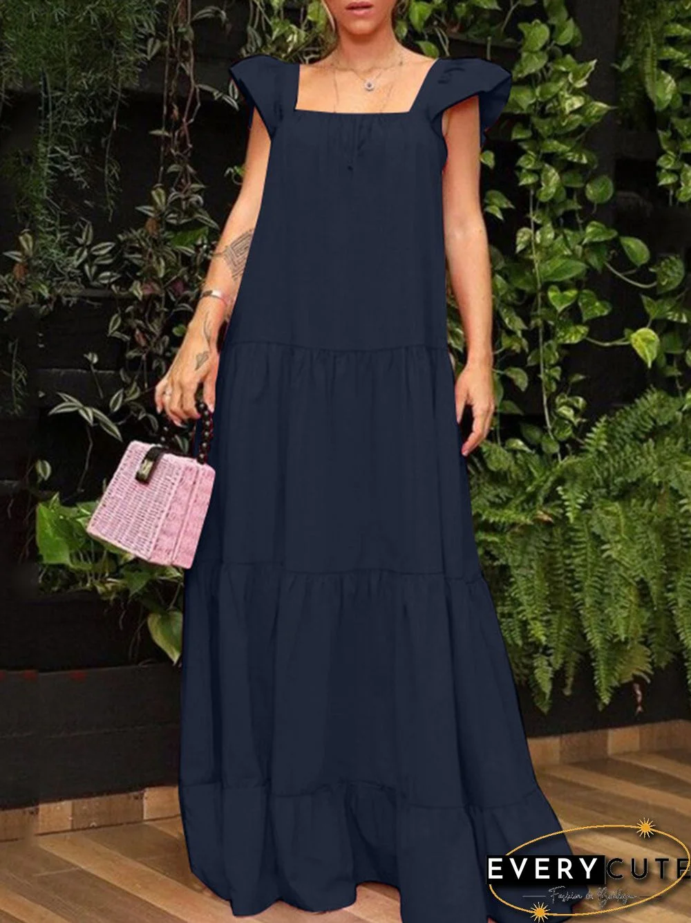 Solid Ruffle Backless Square Collar Casual Maxi Dress