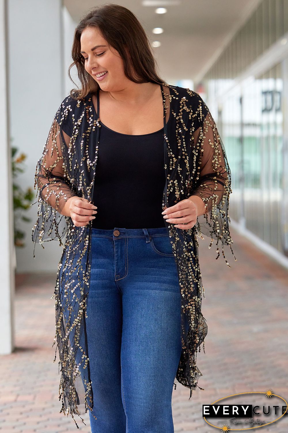Black 3/4 Bell Sleeve Sequin Sheer Kimono