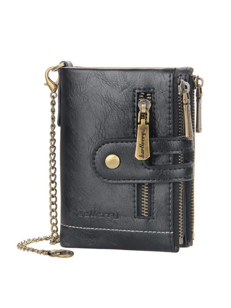 Men Vintage Double Zipper Multi-slot Short Wallet Mini Card Holder (Black)
