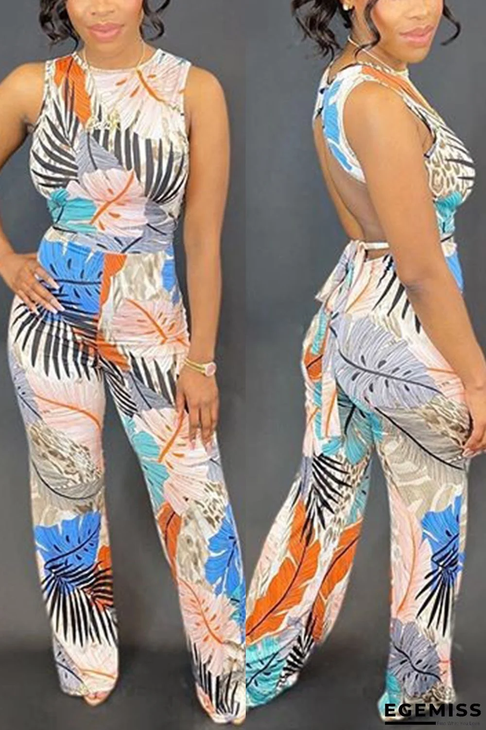 Blue Fashion Sexy Printed Sleeveless Jumpsuit | EGEMISS