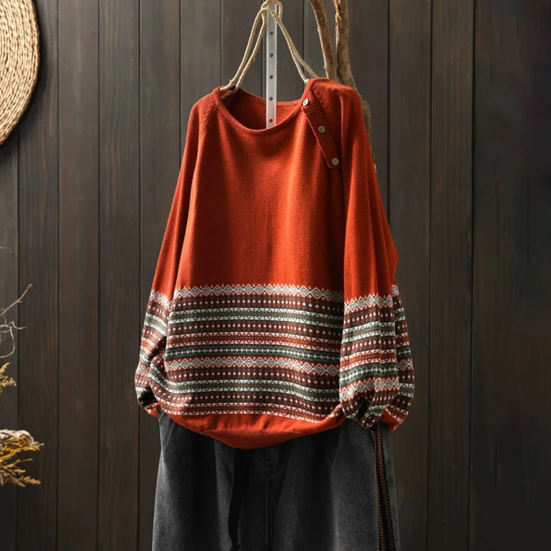 Retro Ethnic Print Crew Neck Long Sleeve Sweater