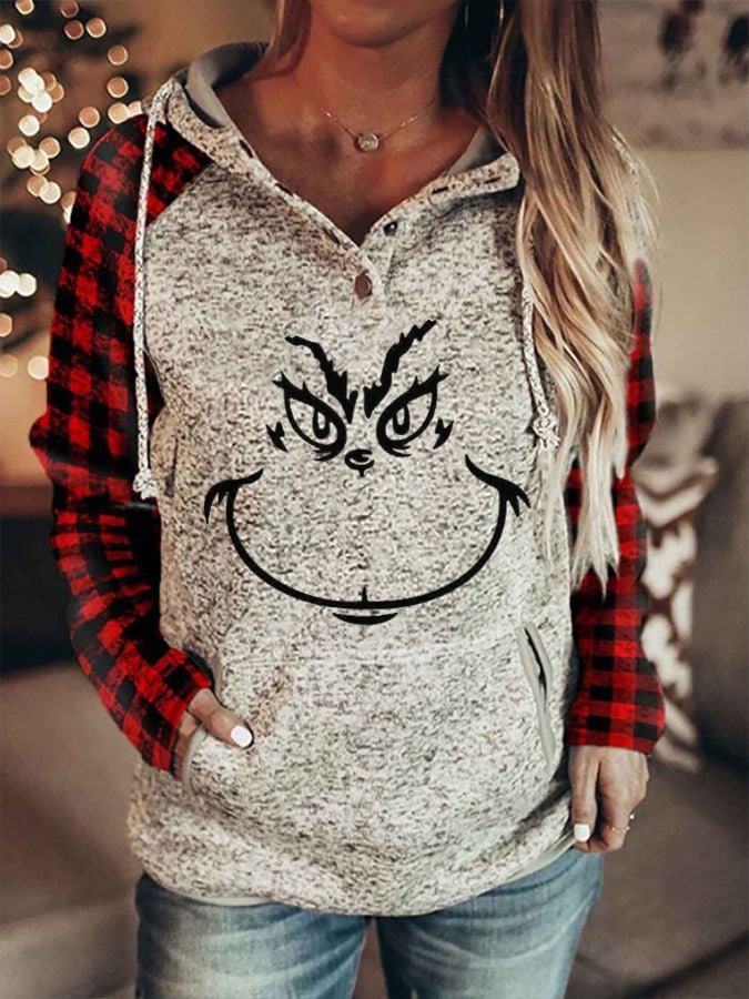 Women's Christmas Grinch Face Print Check Hoodie