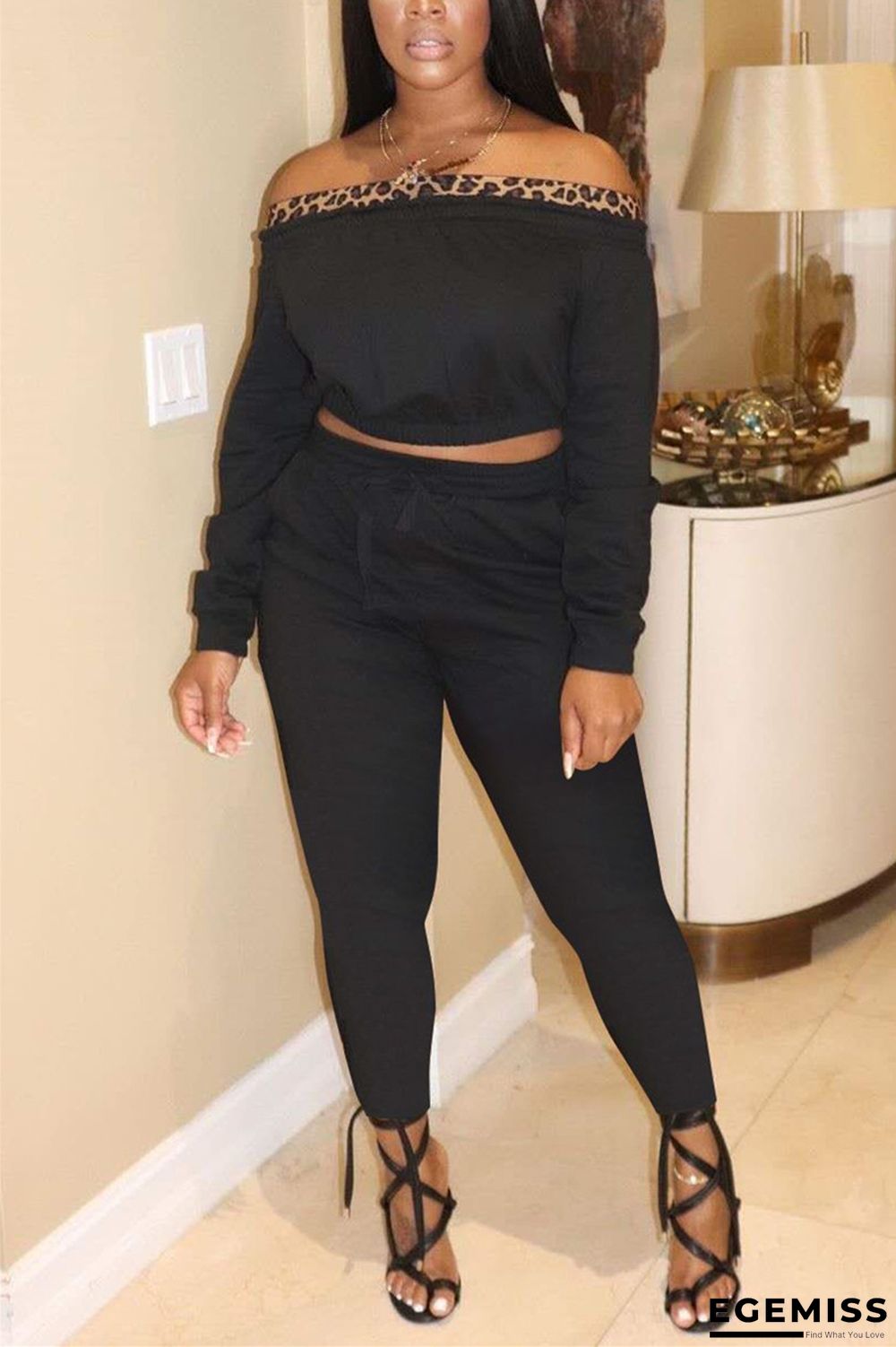 Black Fashion Sexy Adult Patchwork Solid Patchwork Bateau Neck Long Sleeve Off The Shoulder Short Two Pieces | EGEMISS